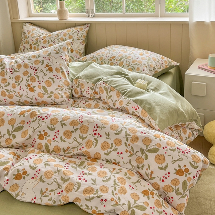 91家纺网 家纺一手货源 找家纺 琪格格纺织 2025新款13070全棉纯棉小清新四件套 花园小兔-浅绿