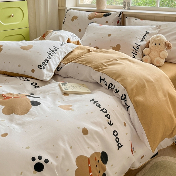 91家纺网 家纺一手货源 找家纺 琪格格纺织 2025新款13070全棉纯棉小清新四件套 乖乖狗-浅咖