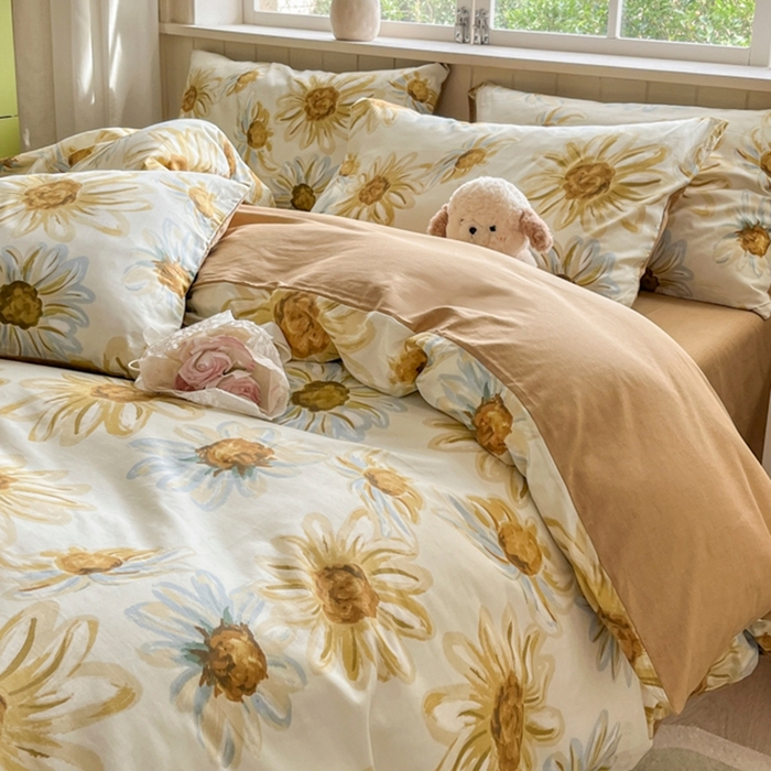 91家纺网 家纺一手货源 找家纺 琪格格纺织 2025新款13070全棉纯棉小清新四件套 璀璨花开-米色