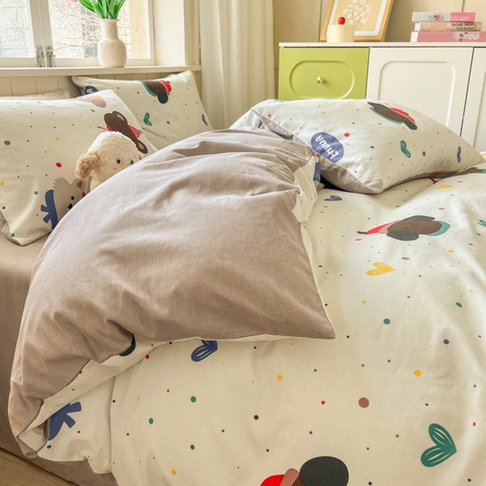 91家纺网 家纺一手货源 找家纺 琪格格纺织 2025新款13070全棉纯棉小清新四件套 时尚派对-咖