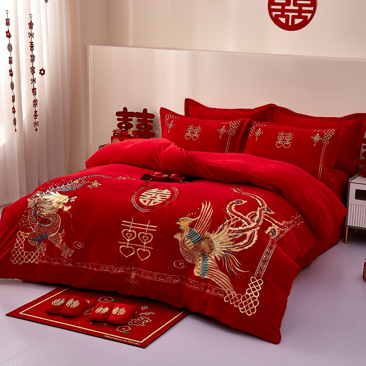 91家纺网 家纺一手货源 找家纺 布乐意 2025新款高克重大红牛奶绒婚庆全工艺重工刺绣新中式结婚四件套六件套小红书推荐抖音直播爆款 双喜龙凤