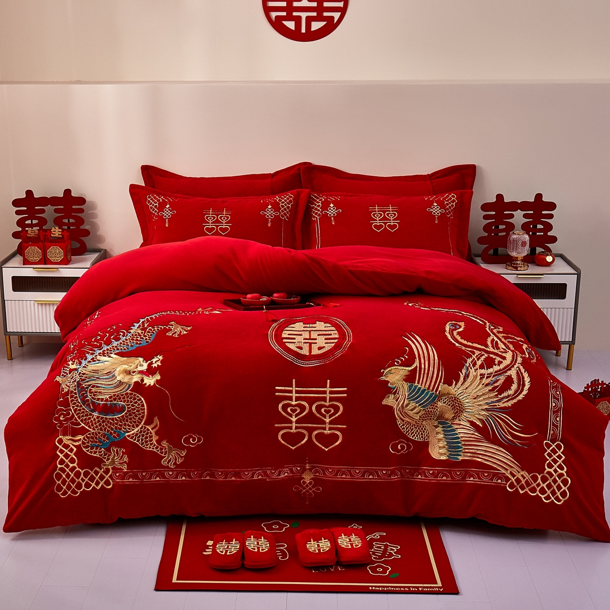布乐意 2025新款高克重大红牛奶绒婚庆全工艺重工刺绣新中式结婚四件套六件套小红书推荐抖音直播爆款 双喜龙凤