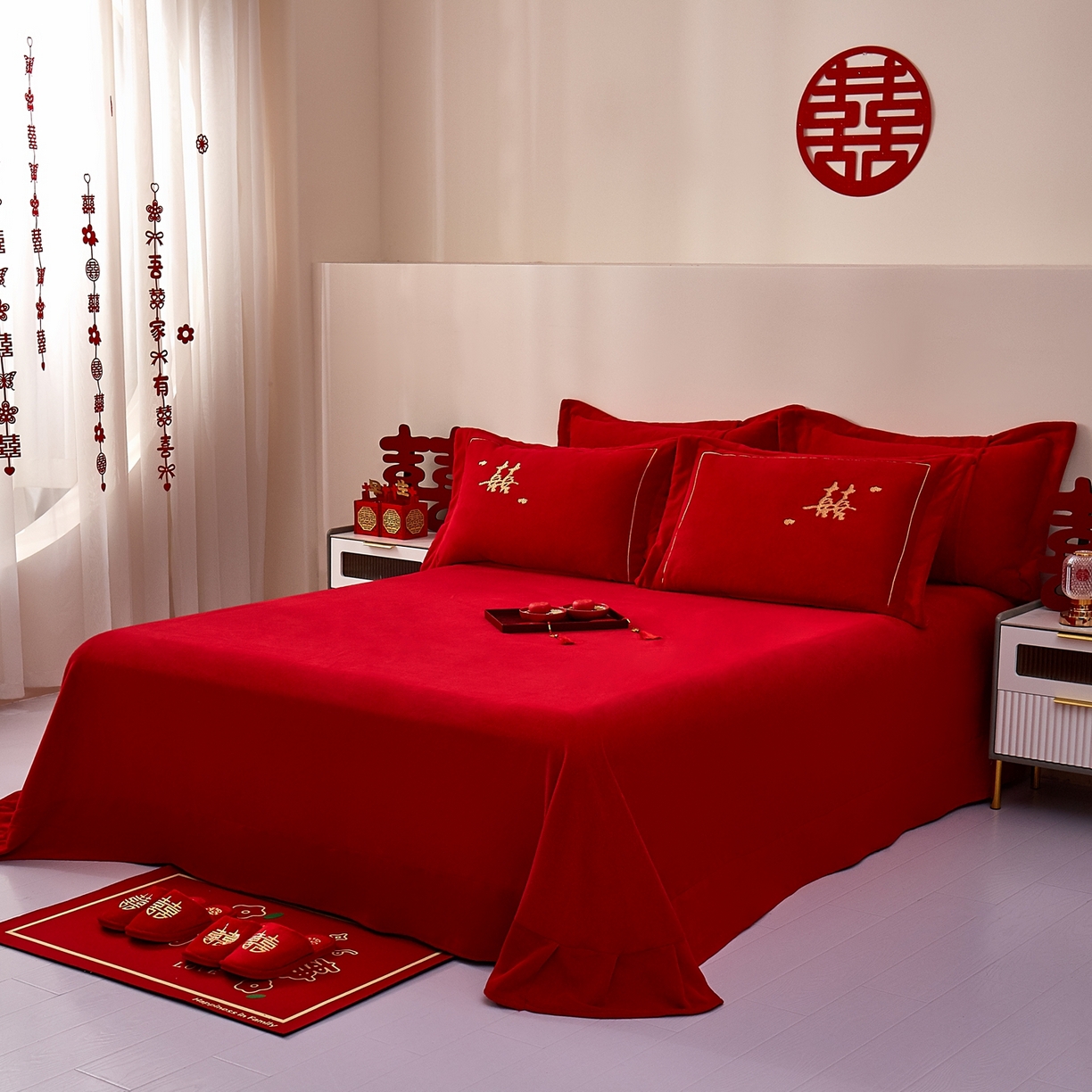 91家纺网 家纺一手货源 找家纺 布乐意 2025新款高克重大红牛奶绒婚庆全工艺重工刺绣新中式结婚四件套六件套小红书推荐抖音直播爆款 双喜临门