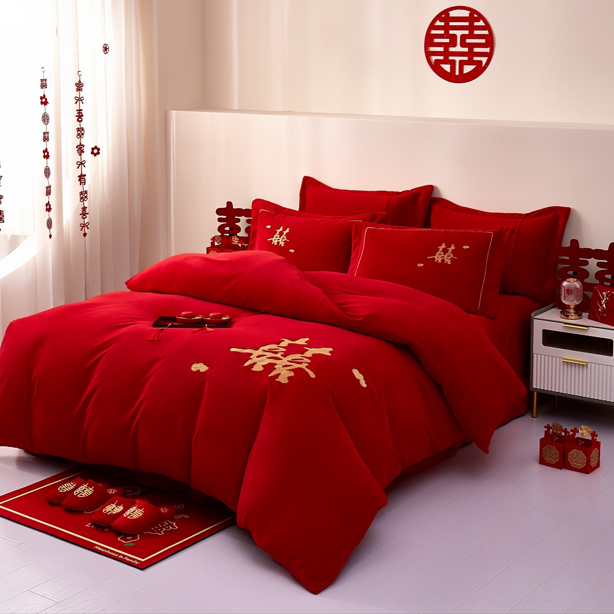 91家纺网 家纺一手货源 找家纺 布乐意 2025新款高克重大红牛奶绒婚庆全工艺重工刺绣新中式结婚四件套六件套小红书推荐抖音直播爆款 双喜临门