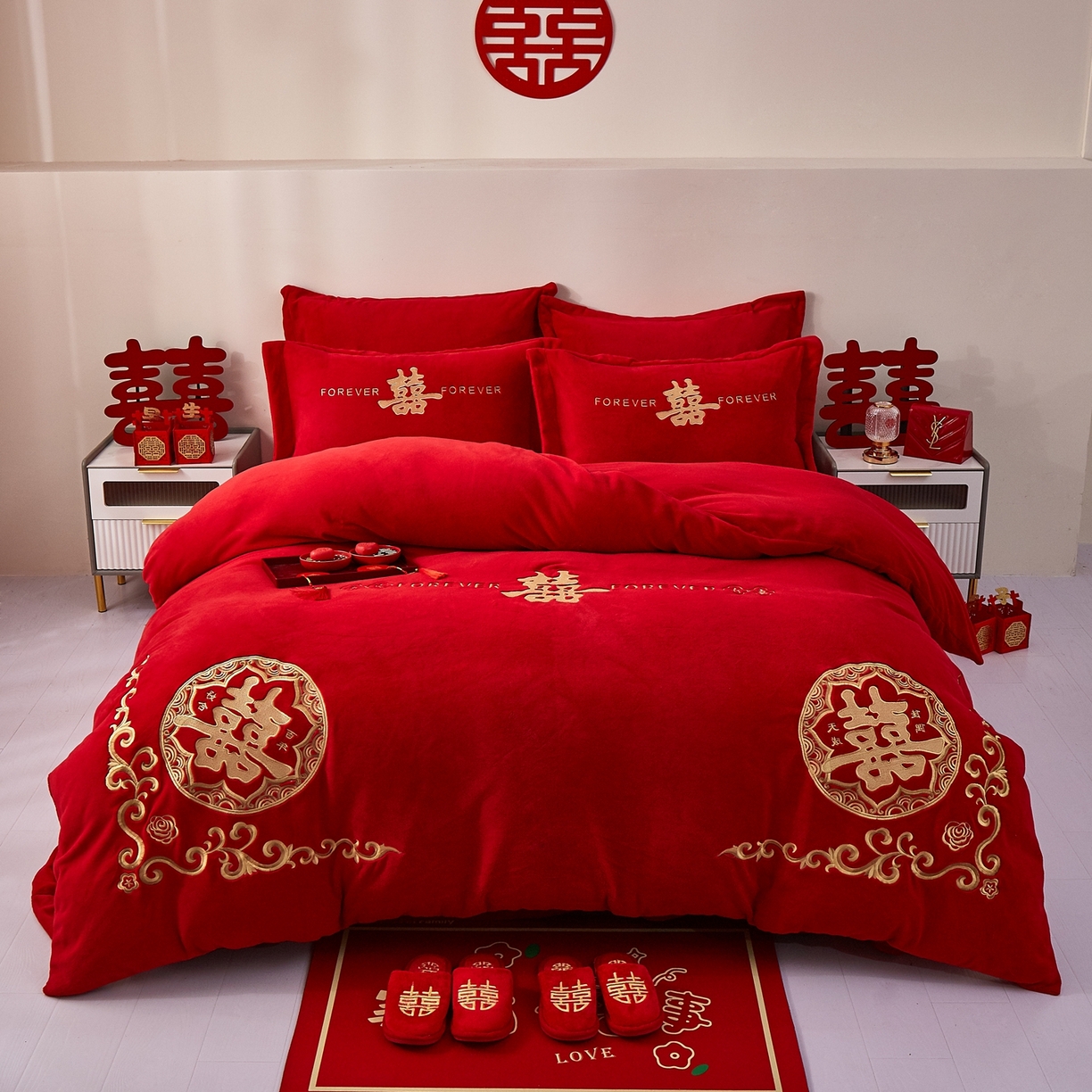 91家纺网 家纺一手货源 找家纺 布乐意 2025新款高克重大红牛奶绒婚庆全工艺重工刺绣新中式结婚四件套六件套小红书推荐抖音直播爆款 喜临门