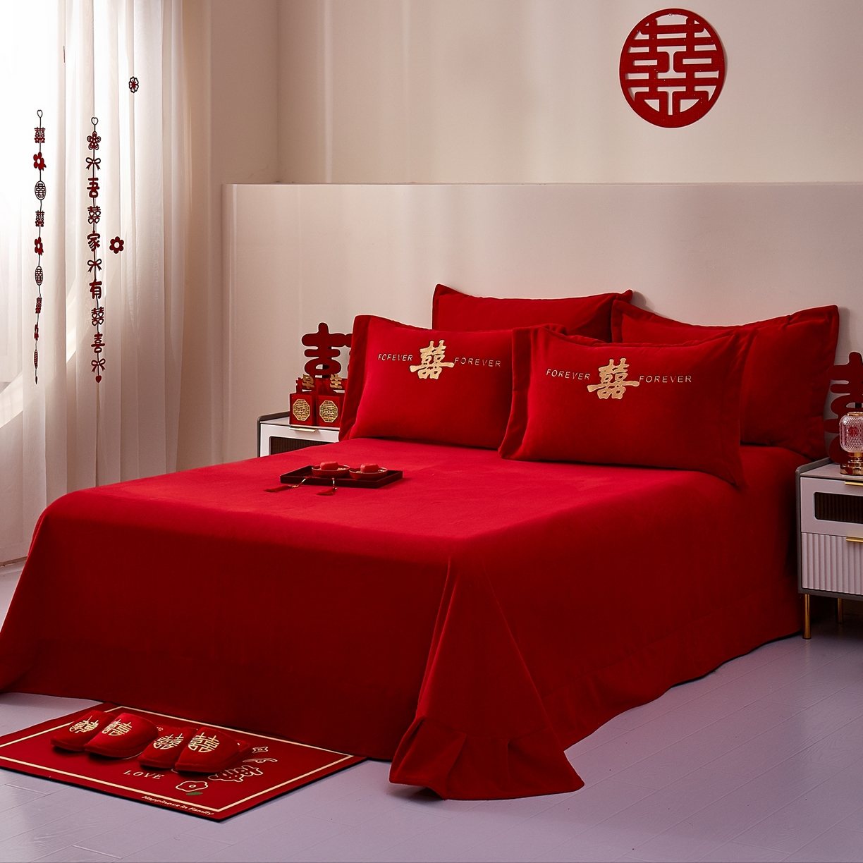 91家纺网 家纺一手货源 找家纺 布乐意 2025新款高克重大红牛奶绒婚庆全工艺重工刺绣新中式结婚四件套六件套小红书推荐抖音直播爆款 喜临门