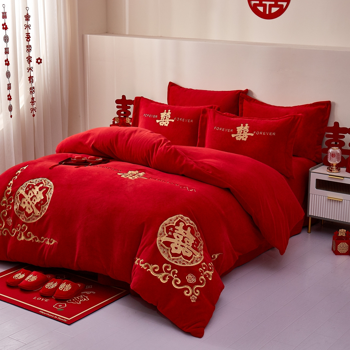 91家纺网 家纺一手货源 找家纺 布乐意 2025新款高克重大红牛奶绒婚庆全工艺重工刺绣新中式结婚四件套六件套小红书推荐抖音直播爆款 喜临门