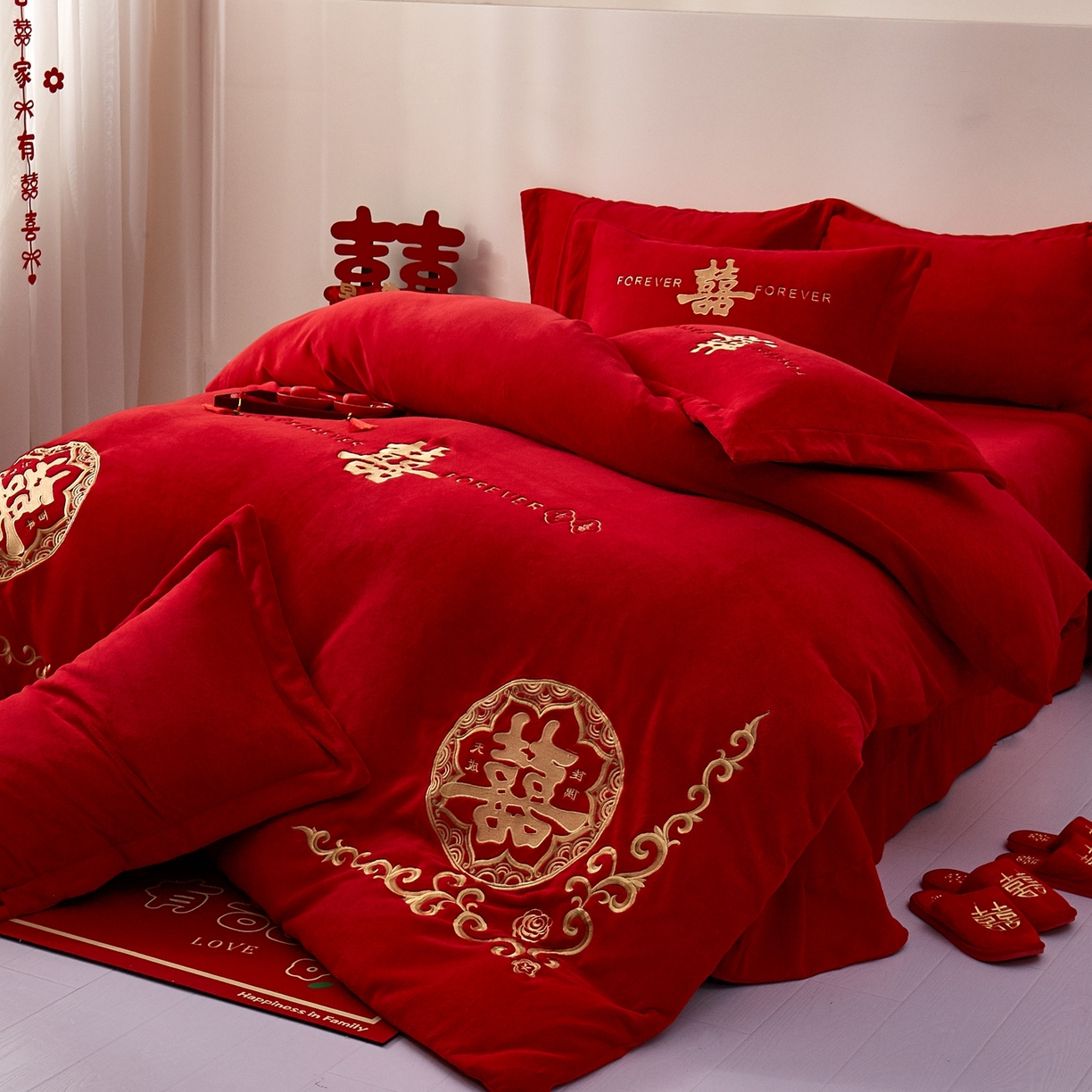 91家纺网 家纺一手货源 找家纺 布乐意 2025新款高克重大红牛奶绒婚庆全工艺重工刺绣新中式结婚四件套六件套小红书推荐抖音直播爆款 喜临门