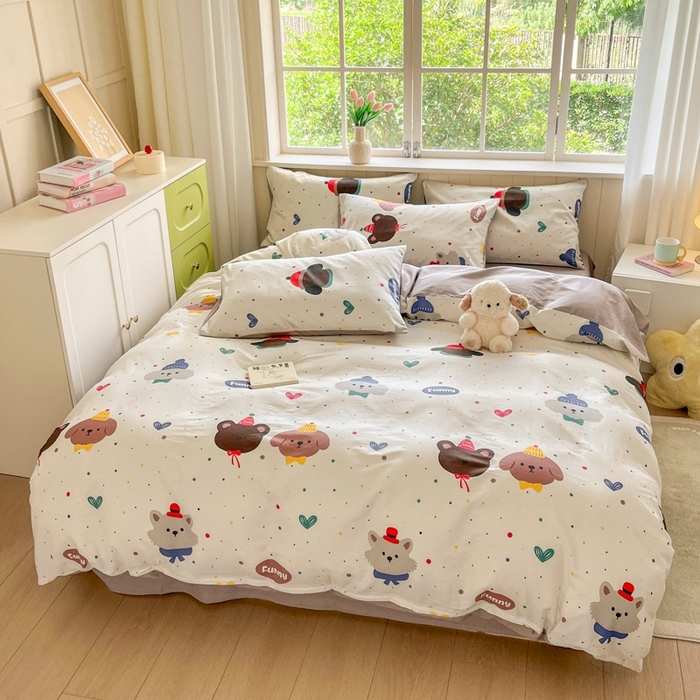 91家纺网 家纺一手货源 找家纺 琪格格纺织 2025新款13070全棉纯棉小清新四件套 时尚派对-咖