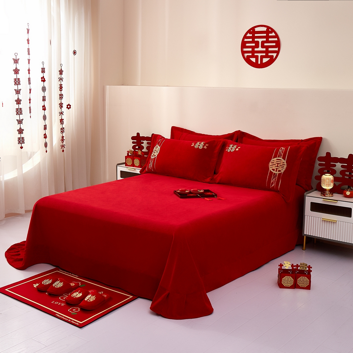 91家纺网 家纺一手货源 找家纺 布乐意 2025新款高克重大红牛奶绒婚庆全工艺重工刺绣新中式结婚四件套六件套小红书推荐抖音直播爆款 喜上加喜