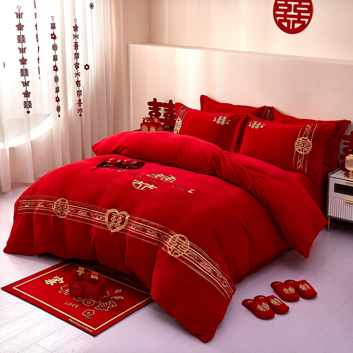 91家纺网 家纺一手货源 找家纺 布乐意 2025新款高克重大红牛奶绒婚庆全工艺重工刺绣新中式结婚四件套六件套小红书推荐抖音直播爆款 喜上加喜