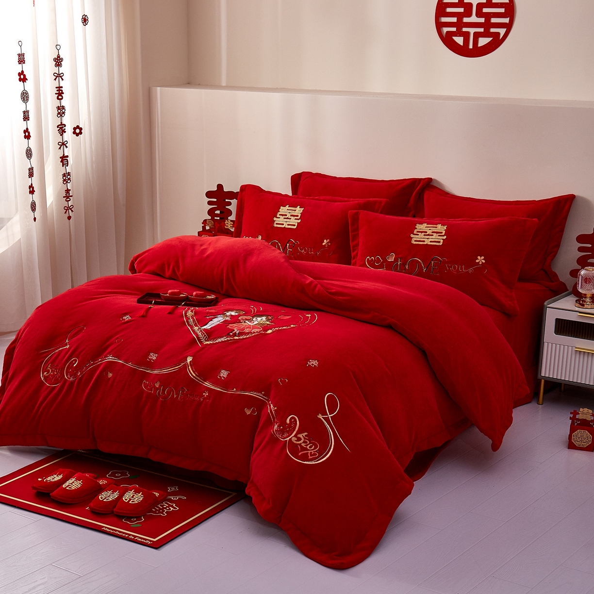 91家纺网 家纺一手货源 找家纺 布乐意 2025新款高克重大红牛奶绒婚庆全工艺重工刺绣新中式结婚四件套六件套小红书推荐抖音直播爆款 相亲相爱