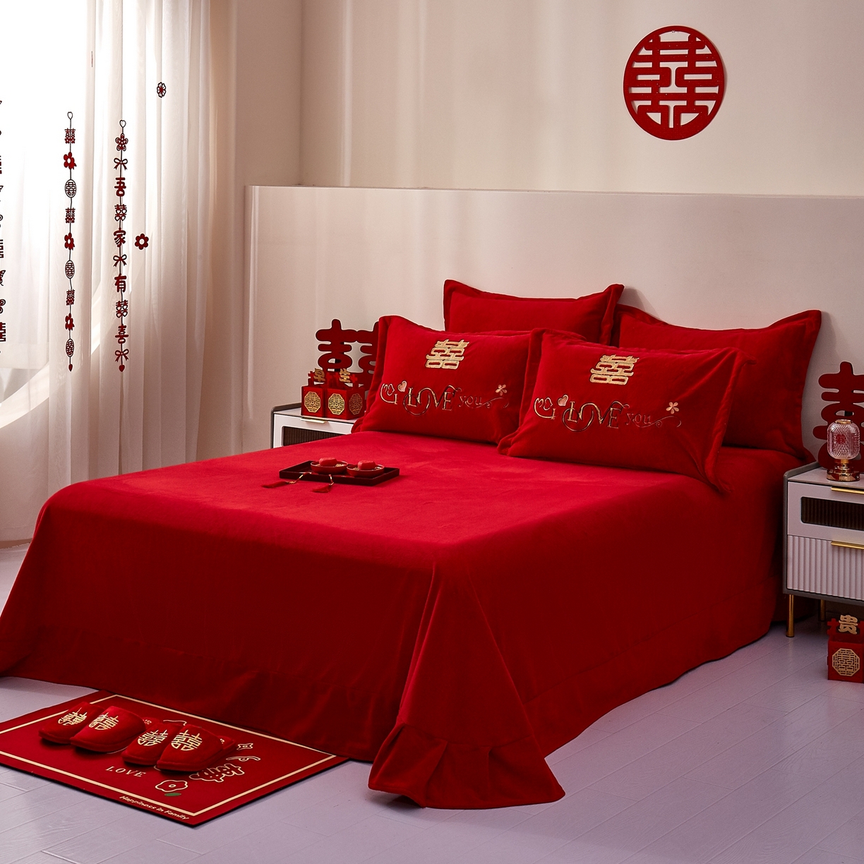 91家纺网 家纺一手货源 找家纺 布乐意 2025新款高克重大红牛奶绒婚庆全工艺重工刺绣新中式结婚四件套六件套小红书推荐抖音直播爆款 相亲相爱