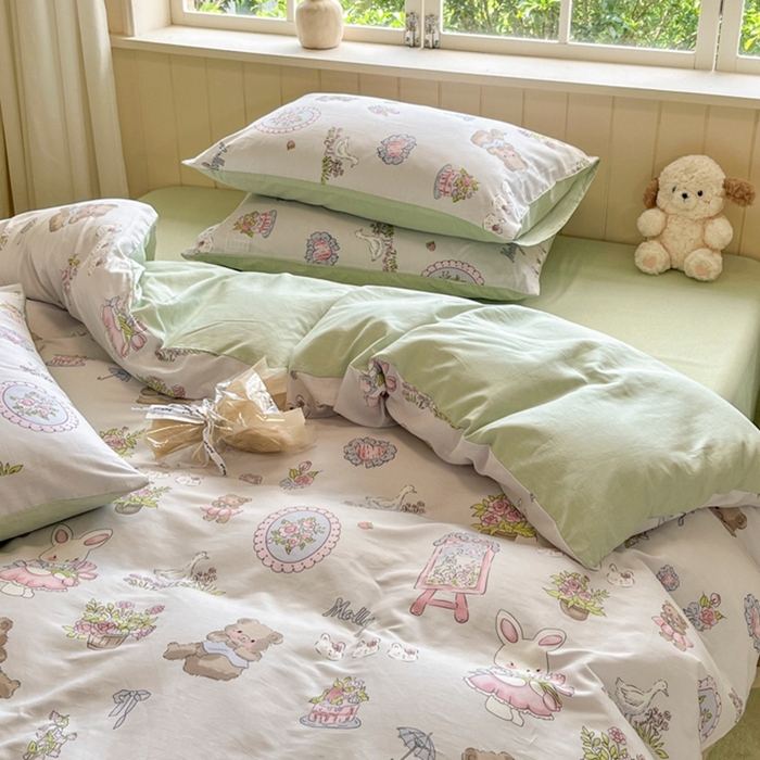 91家纺网 家纺一手货源 找家纺 琪格格纺织 2025新款13070全棉纯棉小清新四件套 开心乐园