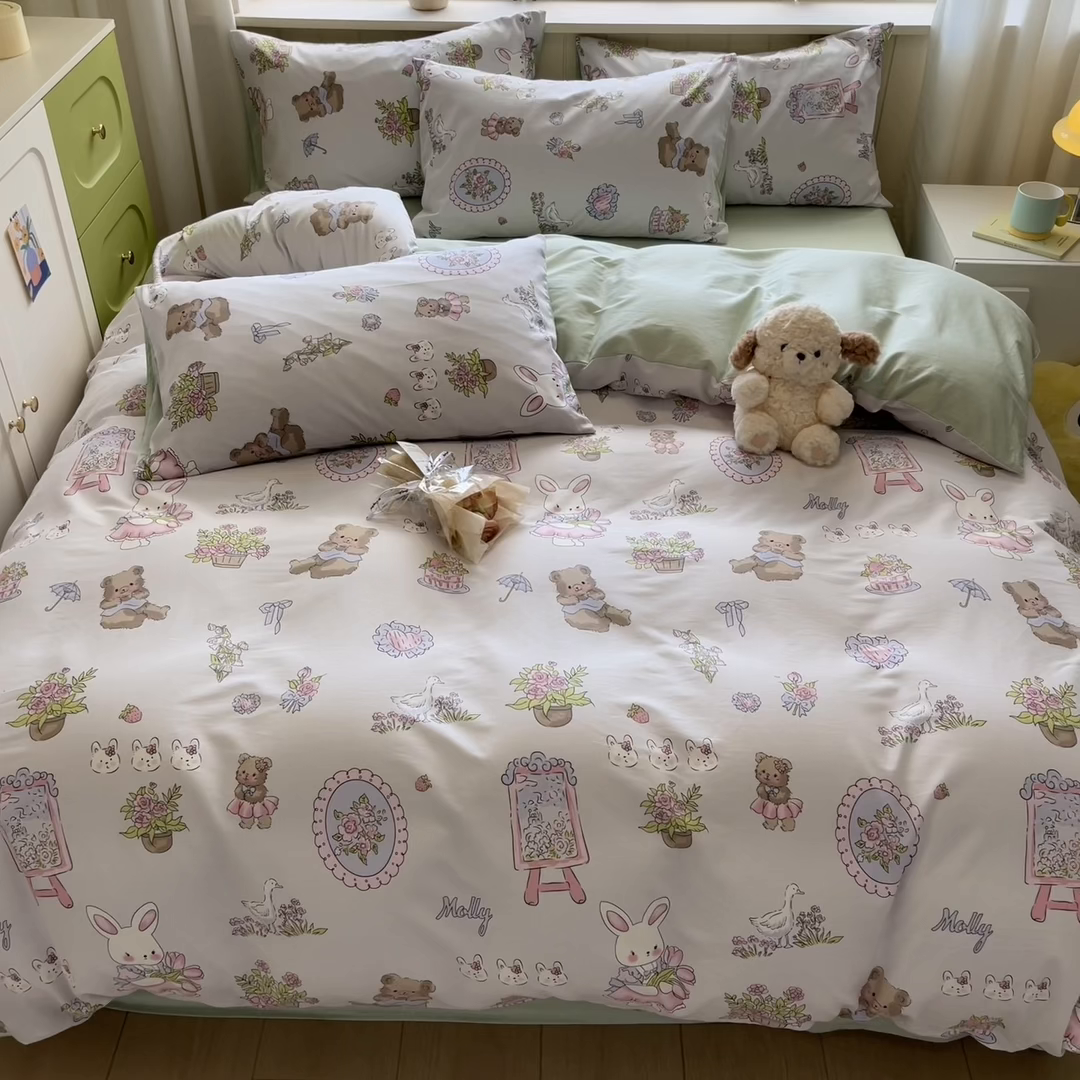 91家纺网 家纺一手货源 找家纺 琪格格纺织 2025新款13070全棉纯棉小清新四件套 开心乐园