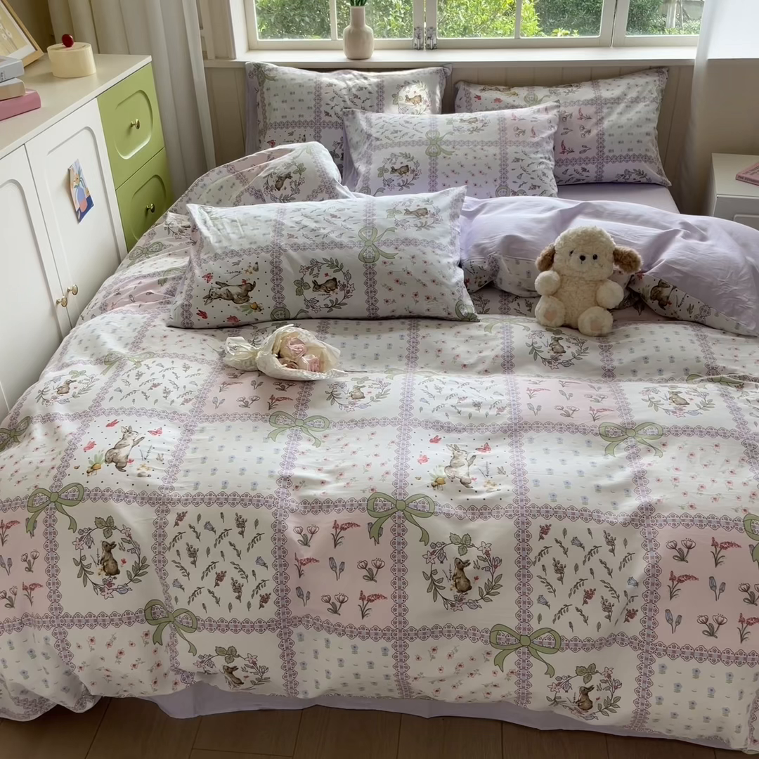 91家纺网 家纺一手货源 找家纺 琪格格纺织 2025新款13070全棉纯棉小清新四件套 爱尔兰绿野