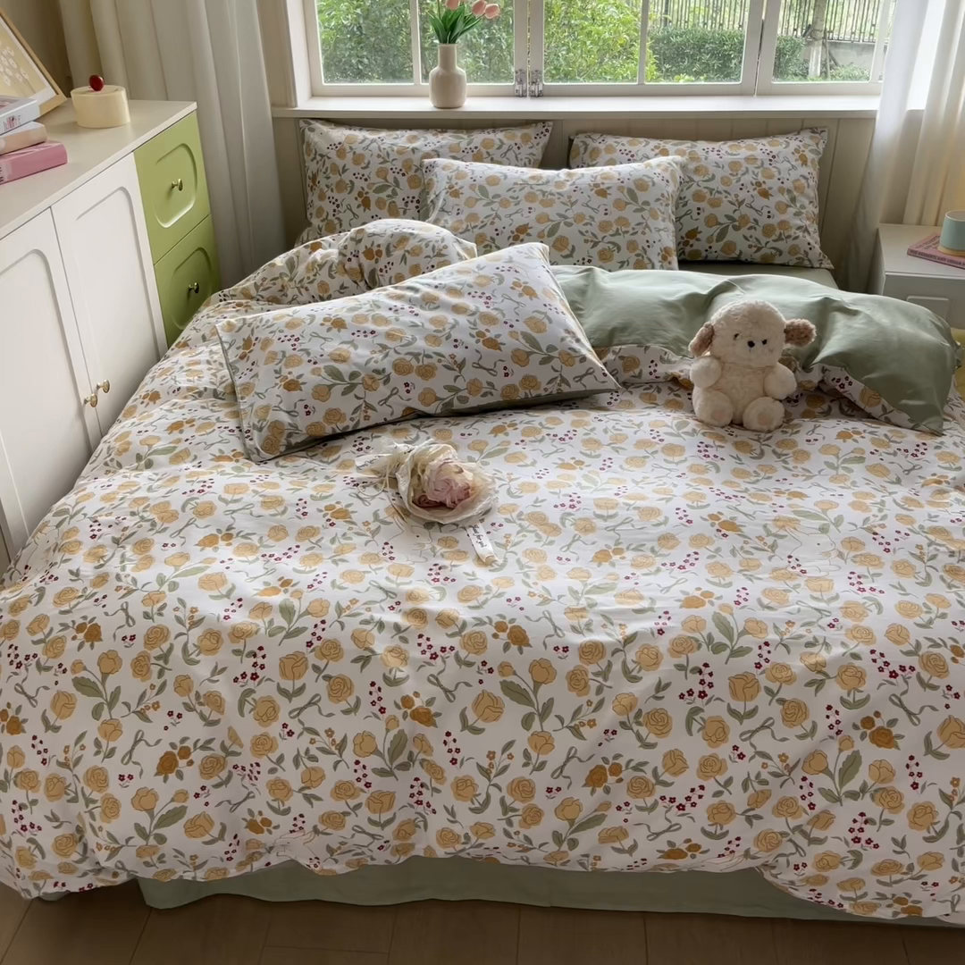 91家纺网 家纺一手货源 找家纺 琪格格纺织 2025新款13070全棉纯棉小清新四件套 花园小兔-浅绿