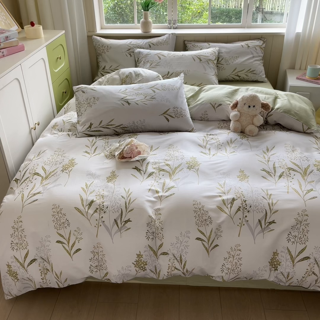 91家纺网 家纺一手货源 找家纺 琪格格纺织 2025新款13070全棉纯棉小清新四件套 森中草木-中绿