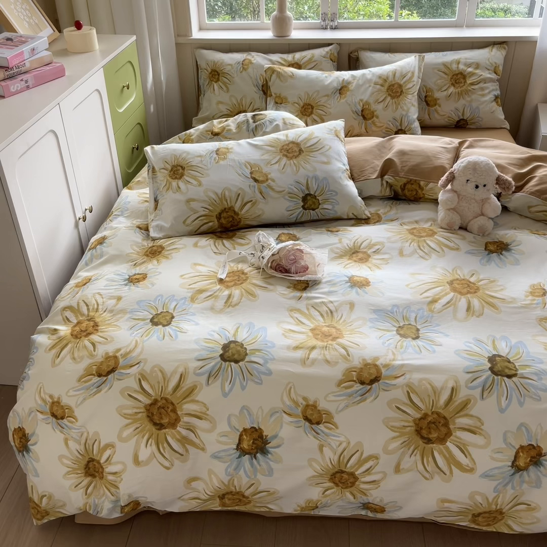 91家纺网 家纺一手货源 找家纺 琪格格纺织 2025新款13070全棉纯棉小清新四件套 璀璨花开-米色