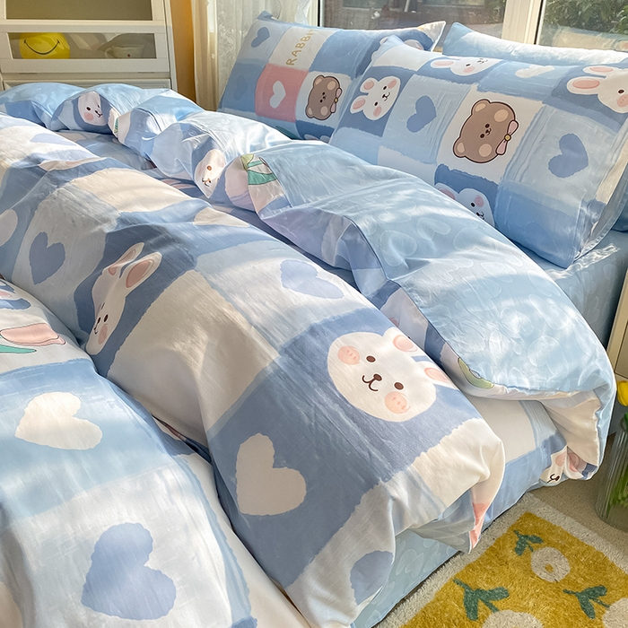 琪格格纺织 2025新款全棉纯棉13372小清新四件套 白兔与熊