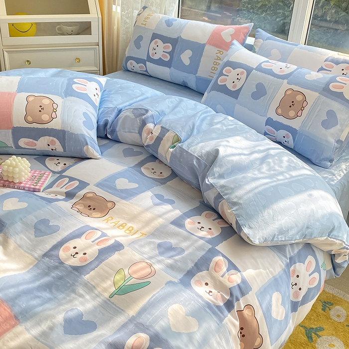 91家纺网 家纺一手货源 找家纺 琪格格纺织 2025新款全棉纯棉13372小清新四件套 白兔与熊