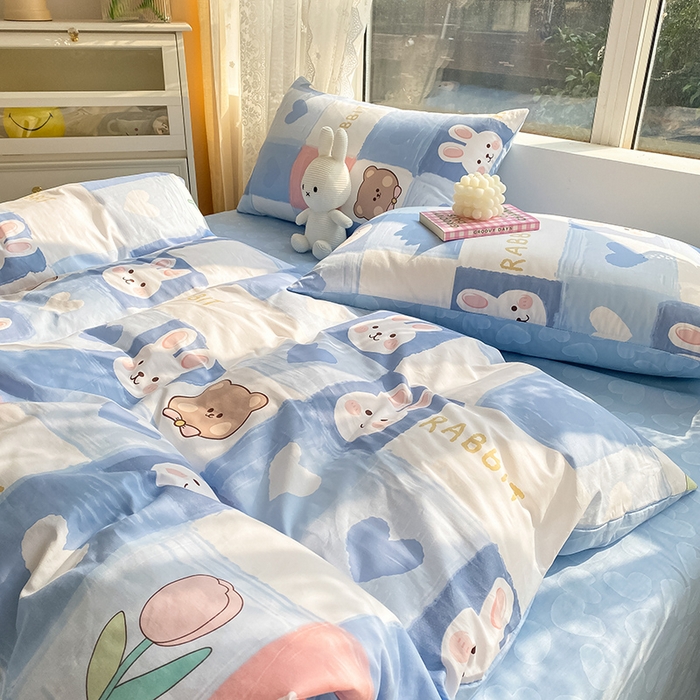 91家纺网 家纺一手货源 找家纺 琪格格纺织 2025新款全棉纯棉13372小清新四件套 白兔与熊