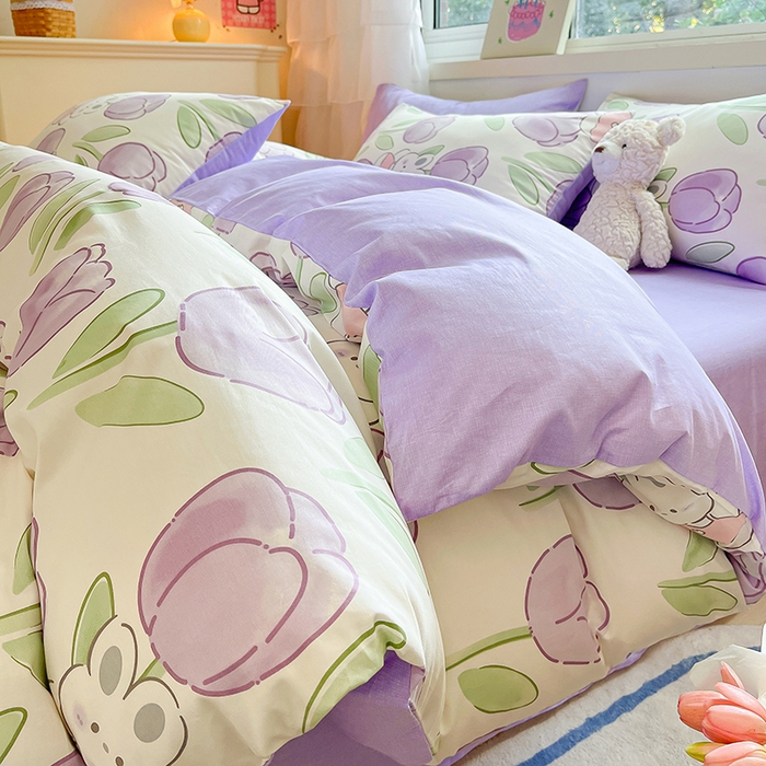 91家纺网 家纺一手货源 找家纺 琪格格纺织 2025新款全棉纯棉13372小清新四件套 美郁-紫