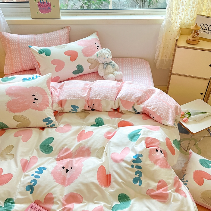 91家纺网 家纺一手货源 找家纺 琪格格纺织 2025新款全棉纯棉13372小清新四件套 萌心兔