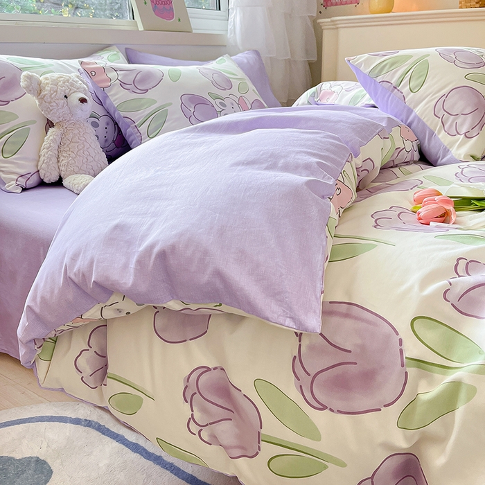 91家纺网 家纺一手货源 找家纺 琪格格纺织 2025新款全棉纯棉13372小清新四件套 美郁-紫