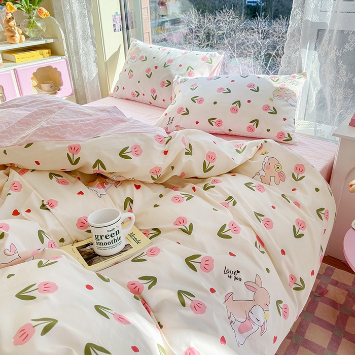 91家纺网 家纺一手货源 找家纺 琪格格纺织 2025新款全棉纯棉13372小清新四件套 小粉兔