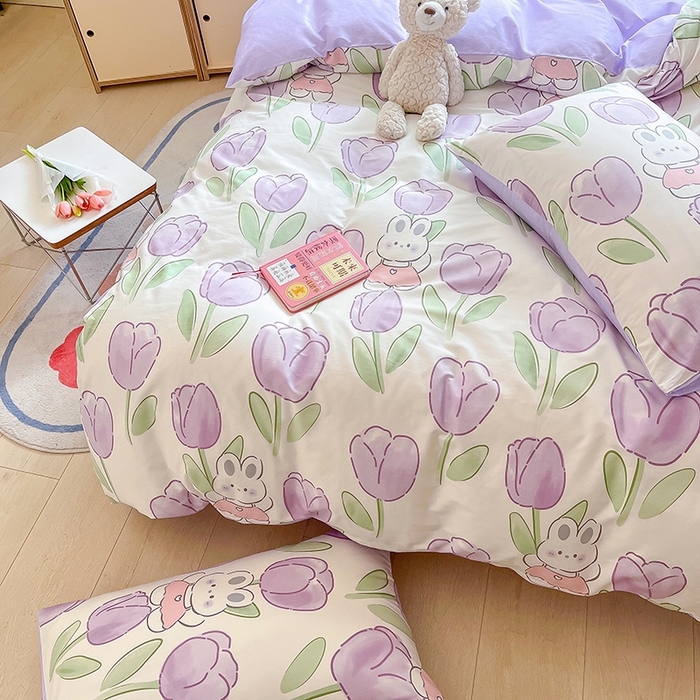 91家纺网 家纺一手货源 找家纺 琪格格纺织 2025新款全棉纯棉13372小清新四件套 美郁-紫