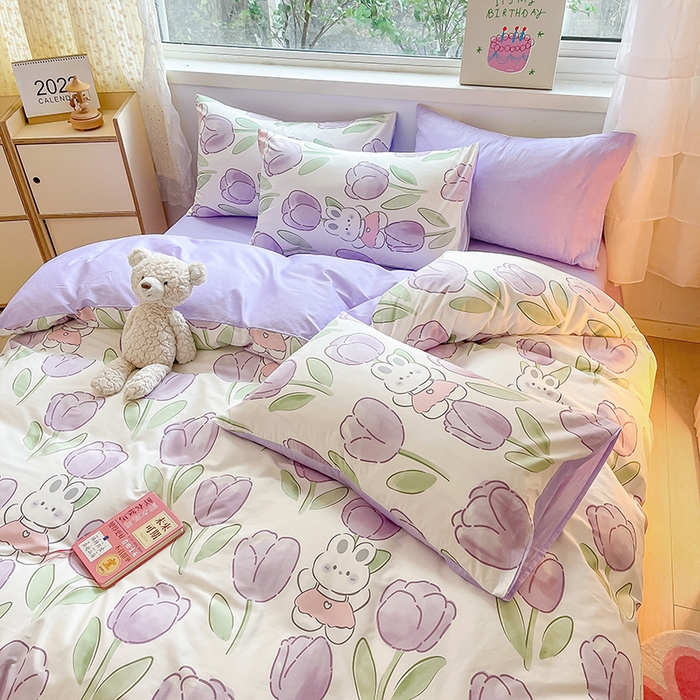 91家纺网 家纺一手货源 找家纺 琪格格纺织 2025新款全棉纯棉13372小清新四件套 美郁-紫