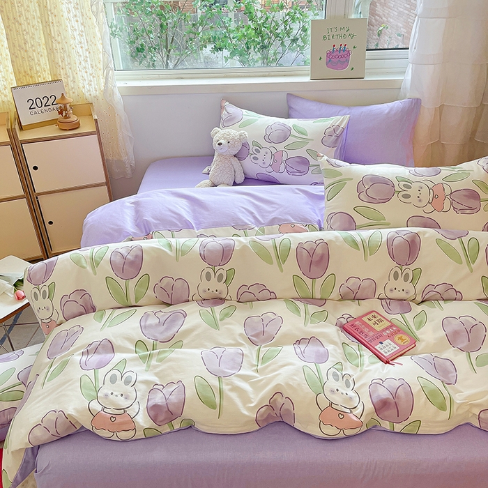 91家纺网 家纺一手货源 找家纺 琪格格纺织 2025新款全棉纯棉13372小清新四件套 美郁-紫