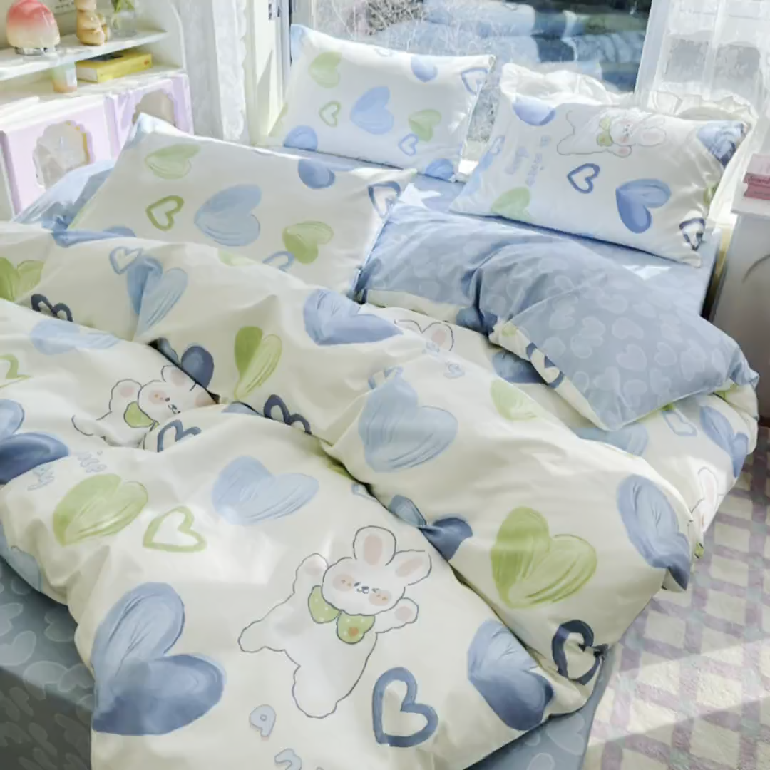 91家纺网 家纺一手货源 找家纺 琪格格纺织 2025新款全棉纯棉13372小清新四件套 爱心兔