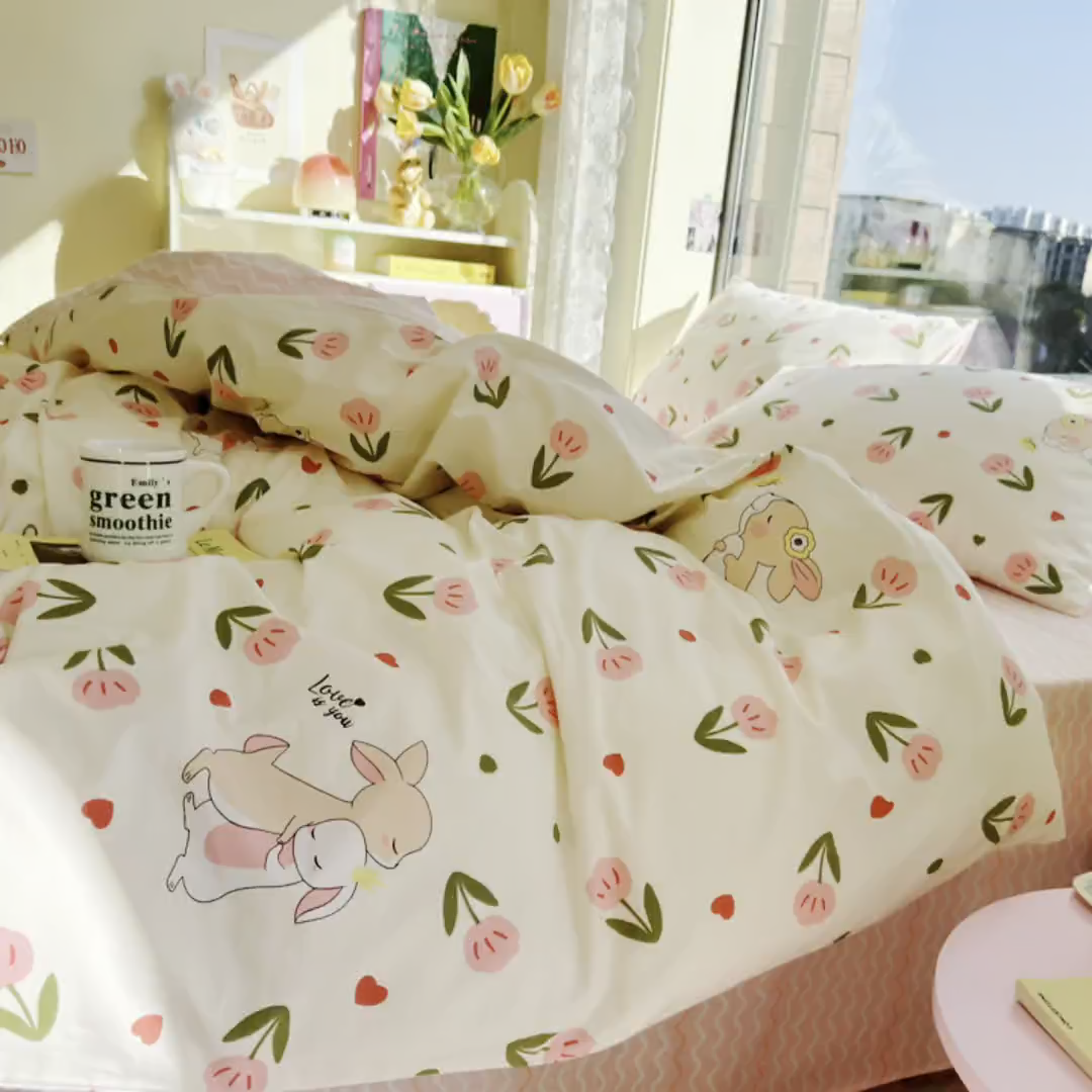 91家纺网 家纺一手货源 找家纺 琪格格纺织 2025新款全棉纯棉13372小清新四件套 小粉兔