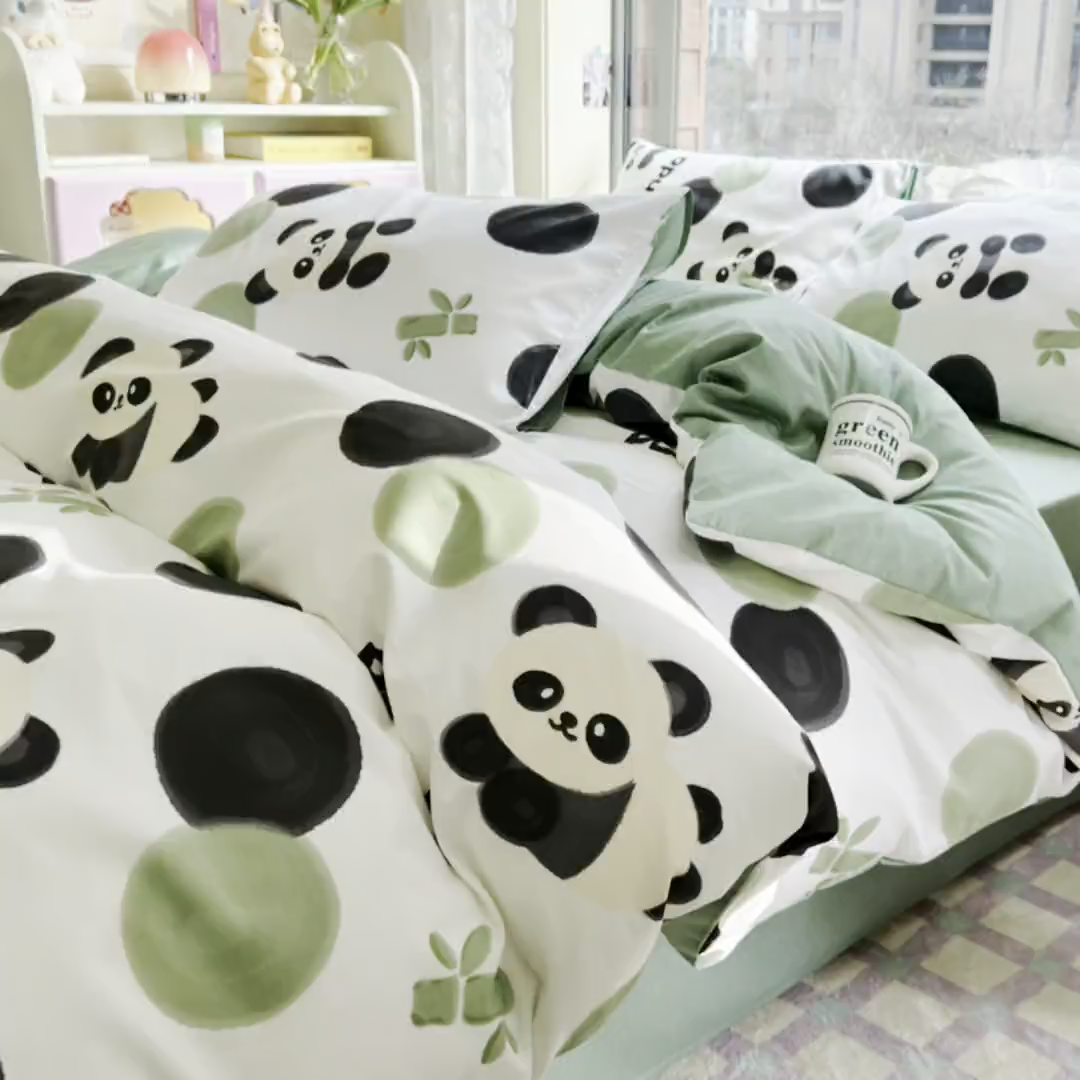 91家纺网 家纺一手货源 找家纺 琪格格纺织 2025新款全棉纯棉13372小清新四件套 熊猫