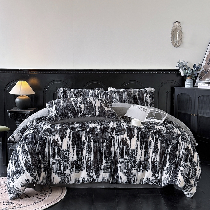 91家纺网 家纺一手货源 找家纺 优迈 2025秋冬新款直播热卖轻奢法式美拉德风高克重加厚獭兔毛绒牛奶绒四件套 黑白