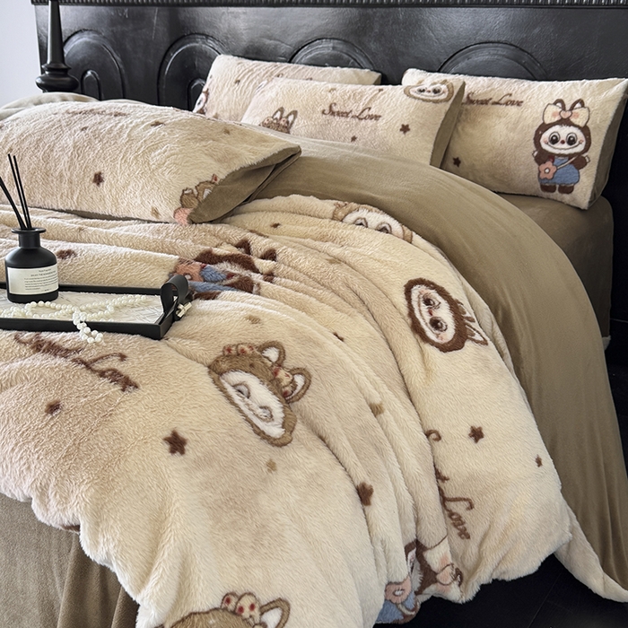 91家纺网 家纺一手货源 找家纺 优迈 2025秋冬新款直播热卖轻奢法式美拉德风高克重加厚獭兔毛绒牛奶绒四件套 拉布布