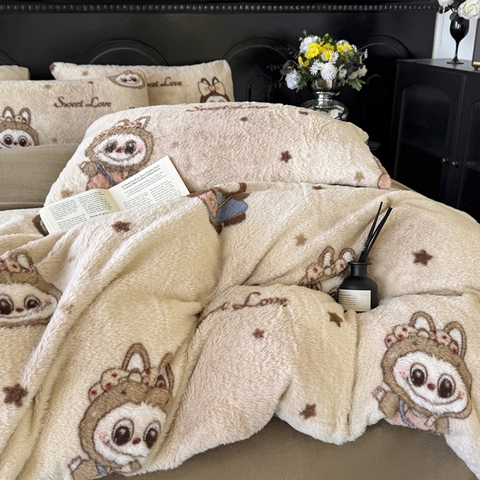 91家纺网 家纺一手货源 找家纺 优迈 2025秋冬新款直播热卖轻奢法式美拉德风高克重加厚獭兔毛绒牛奶绒四件套 拉布布