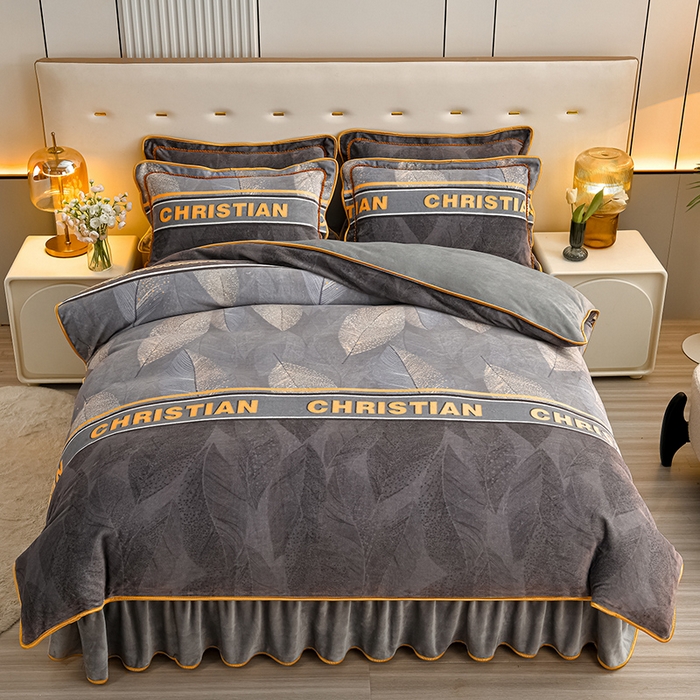 （总）绘萱2025新品爆款8斤包边印花牛奶绒四件套床裙款法莱绒金貂貂狐