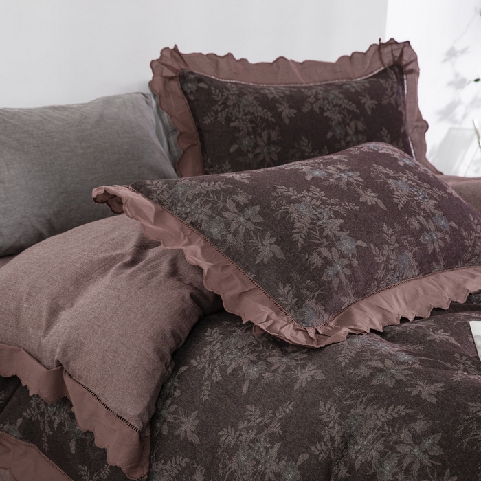 91家纺网 家纺一手货源 找家纺 鲁爱家纺供货 2025新款全棉色织提花（花边镂空款）四件套  西江月-中古色