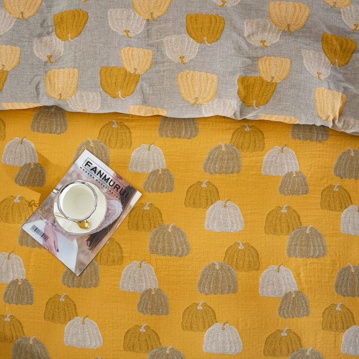 91家纺网 家纺一手货源 找家纺 鲁爱 2025新款全棉色织双层纱纽扣款四件套  南瓜-黄