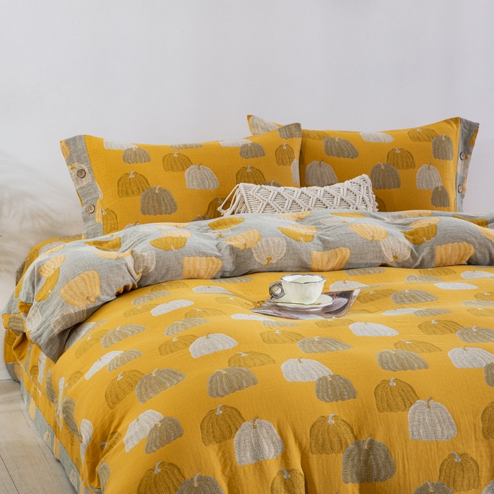 91家纺网 家纺一手货源 找家纺 鲁爱 2025新款全棉色织双层纱纽扣款四件套  南瓜-黄