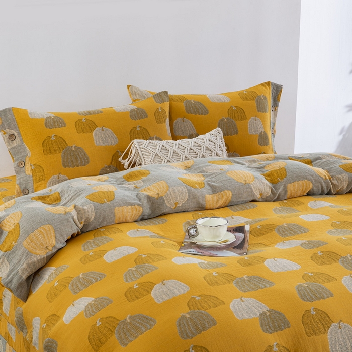 91家纺网 家纺一手货源 找家纺 鲁爱 2025新款全棉色织双层纱纽扣款四件套  南瓜-黄