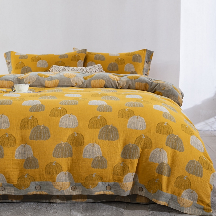 91家纺网 家纺一手货源 找家纺 鲁爱 2025新款全棉色织双层纱纽扣款四件套  南瓜-黄