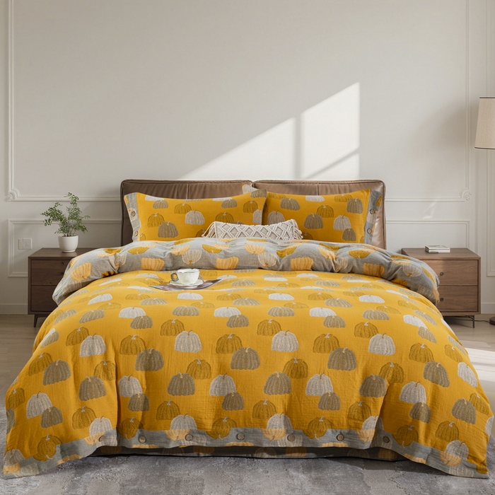 鲁爱 2025新款全棉色织双层纱纽扣款四件套  南瓜-黄