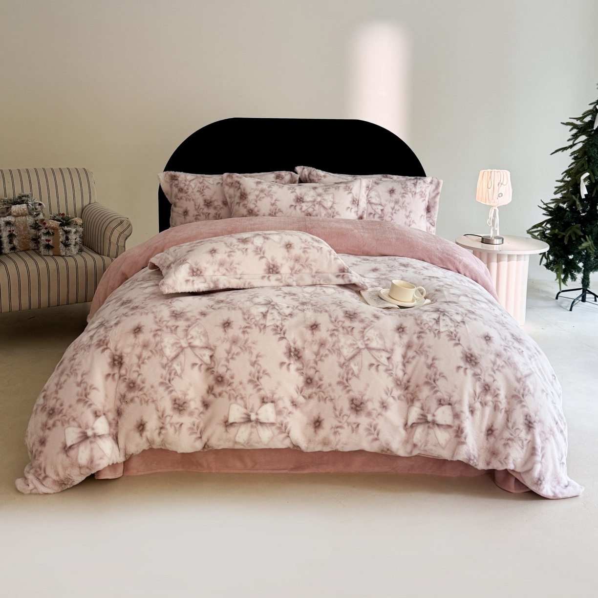 7V 2025新款A类兔毛绒印花床单四件套夹棉床盖床笠四件套全工艺牛奶绒 千千蝶结