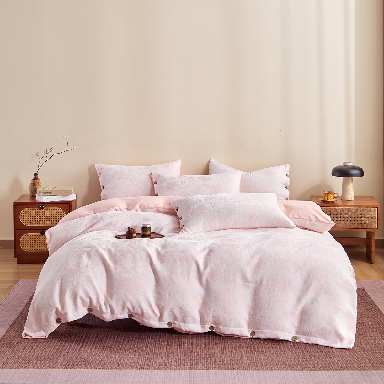 润肤居 2025新款雪尼尔棉绒大提花四件套 蜂鸣半夏-淡绯