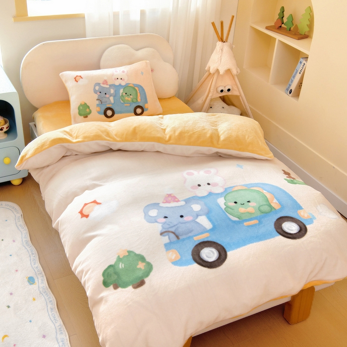 91家纺网 家纺一手货源 找家纺 鱼宝 2025新款大版牛奶绒三件套六件套多件套-彩绘系列 小巴士