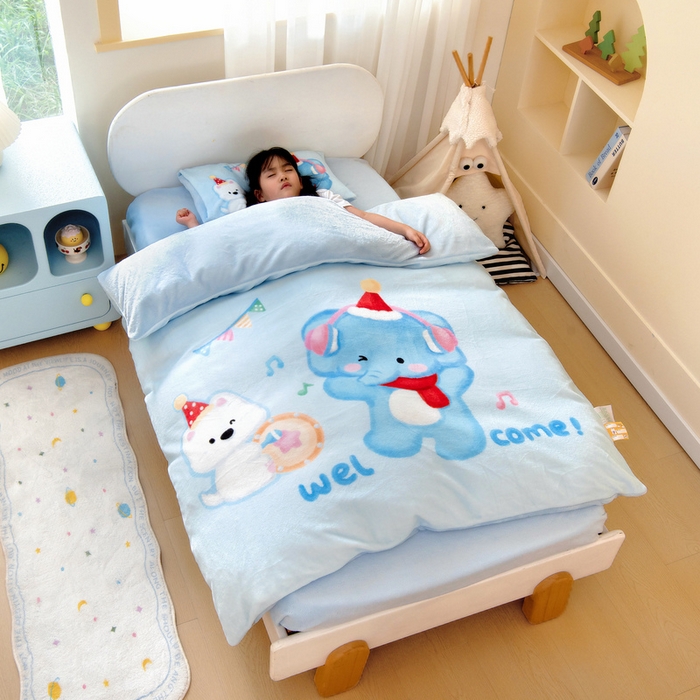 91家纺网 家纺一手货源 找家纺 鱼宝 2025新款大版牛奶绒三件套六件套多件套-彩绘系列 小象宝宝